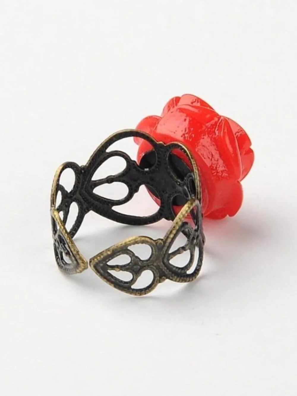 Lacy Bronze Victorian Style Red Rose Flower Lucite Cabochon Adjustable Ring